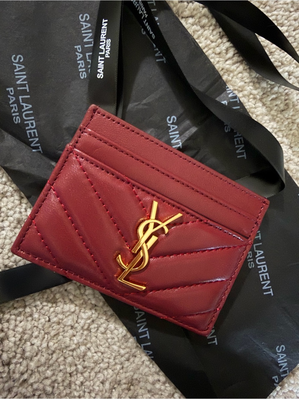 Saint Laurent Red Quilted Leather YSL Card Holder with Gold Hardware